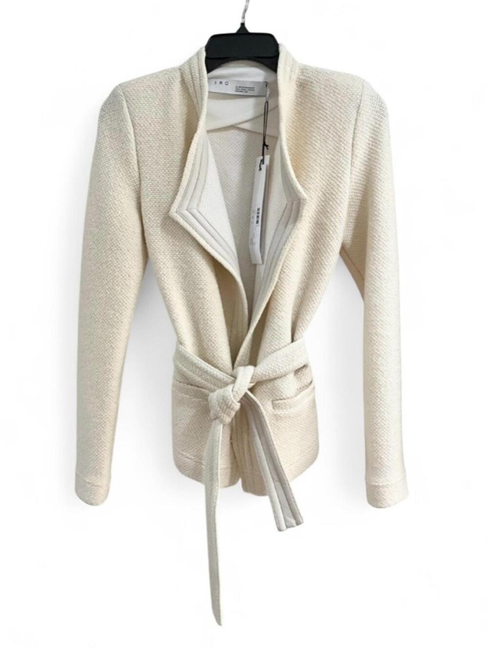 NWT IRO PARIS Euro SZ 34/ XS Belted Jacket Leather-Trim Bouclé-Knit Wool Cream - Picture 7 of 14
